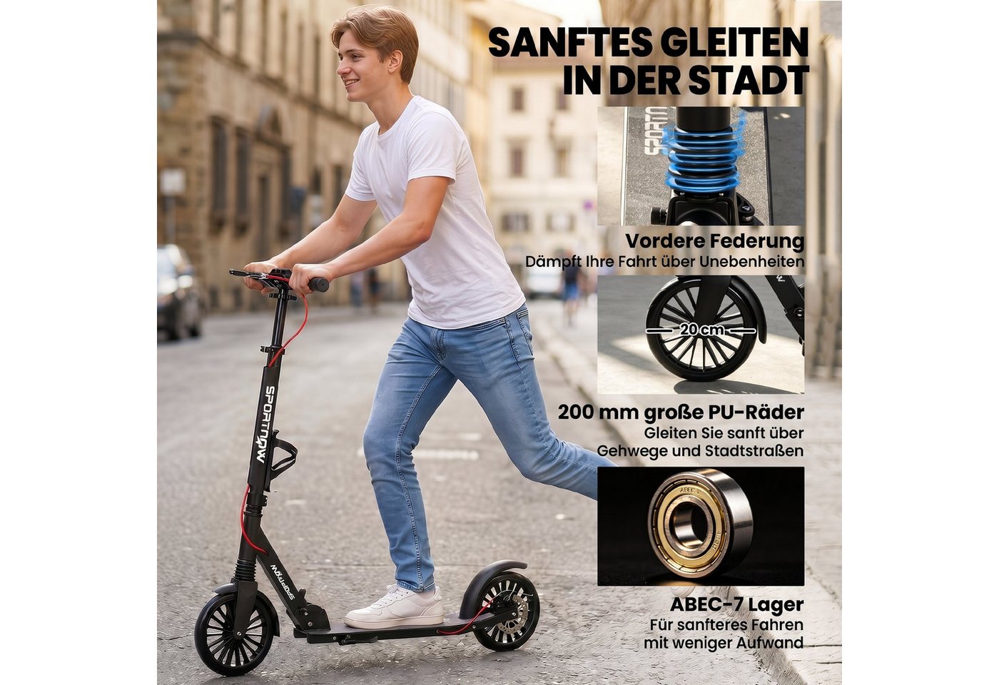 SPORTNOW Scooter Höhenverstellbar & Klappbar, 0 km/h, (Cityroller, 1 tlg., Tretroller), bis 100 kg Bild 2