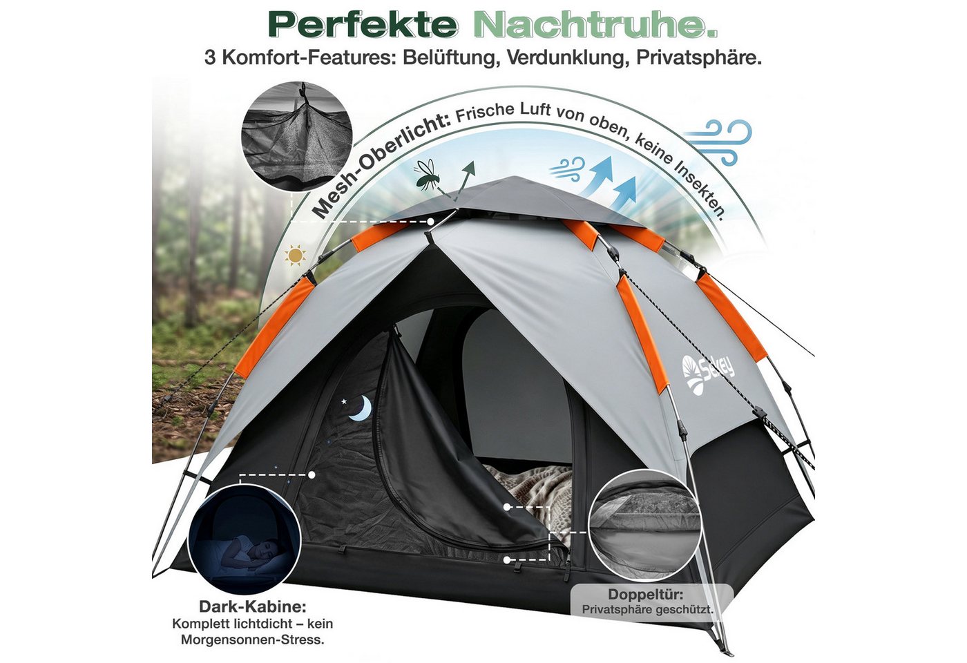 Sekey Kuppelzelt Campingzelt 2 Personen Wasserdicht Strandmuschel Strand, Personen: 2, Pop up Kuppelzelte, Automatisches Hydraulik-System, UPF50+ Bild 2