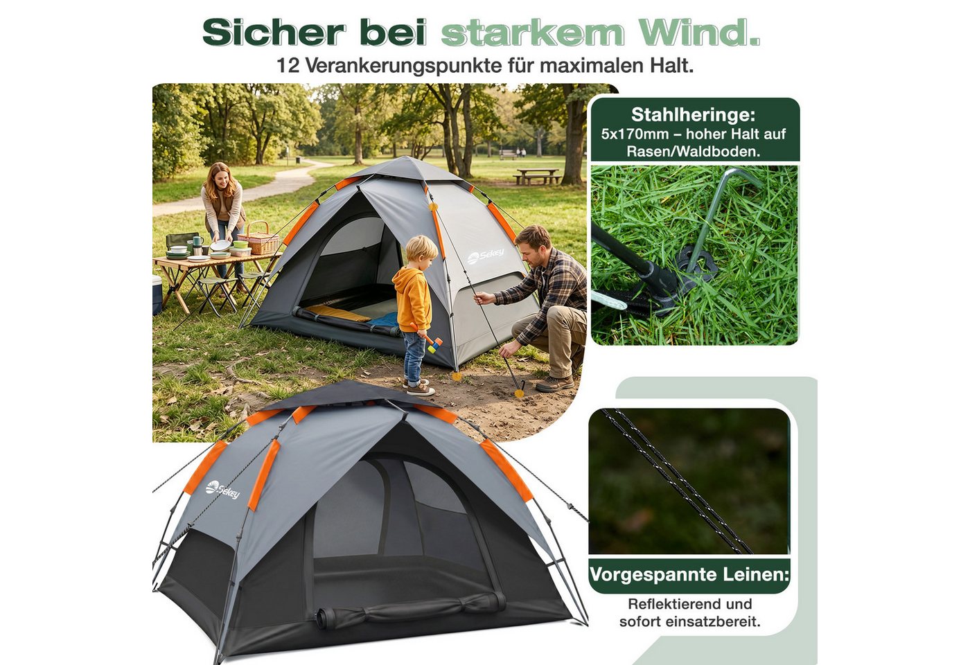 Sekey Kuppelzelt Campingzelt 2 Personen Wasserdicht Strandmuschel Strand, Personen: 2, Pop up Kuppelzelte, Automatisches Hydraulik-System, UPF50+ Bild 3