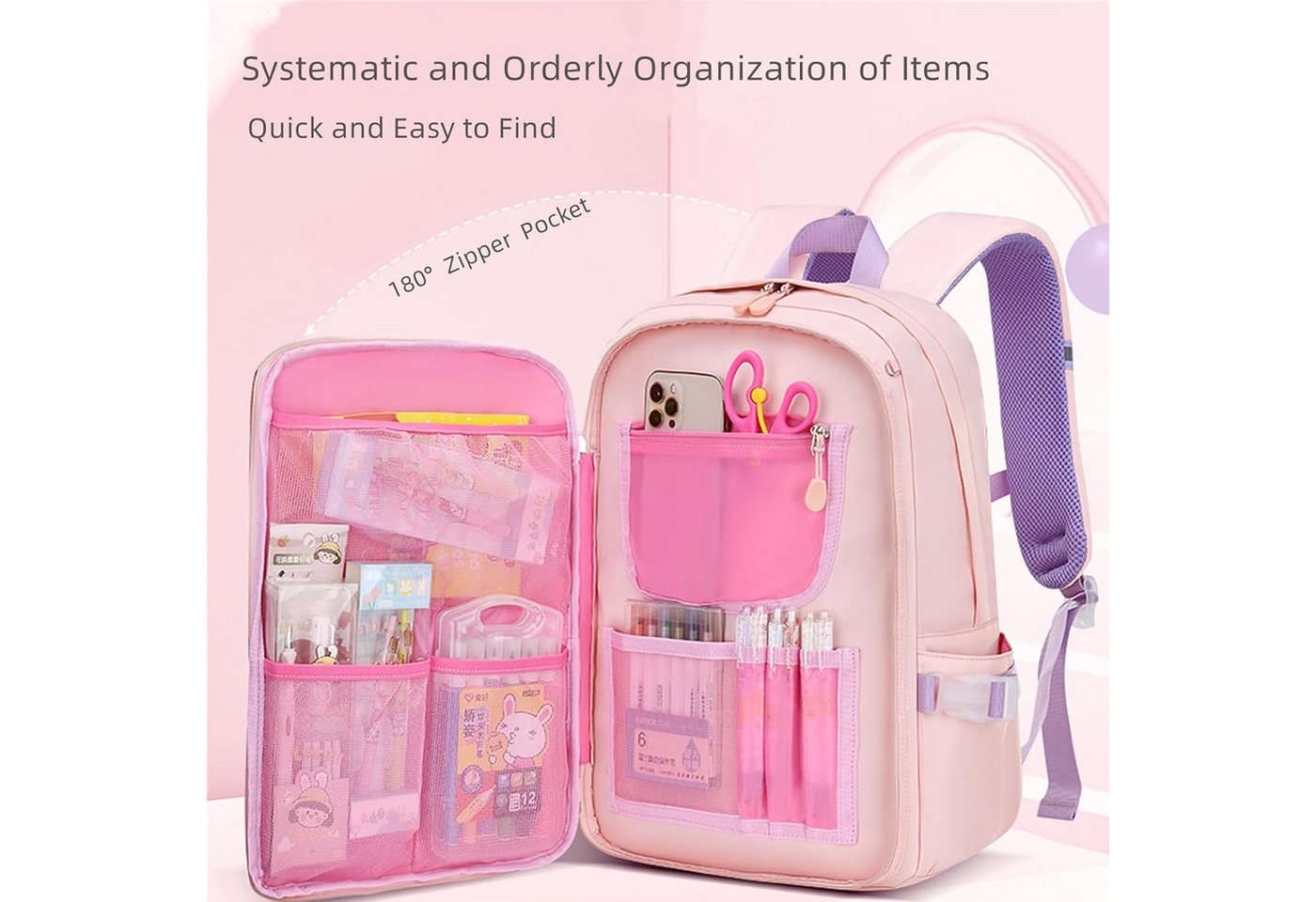 Toomoke Schulrucksack Mädchen Kinderrucksack mit 180° Frontöffnung (180° Frontöffnung, wasserabweisend, reflektierende Details, Brustgurt), 32 × 17 × 45 cm, für Grundschule & Freizeit