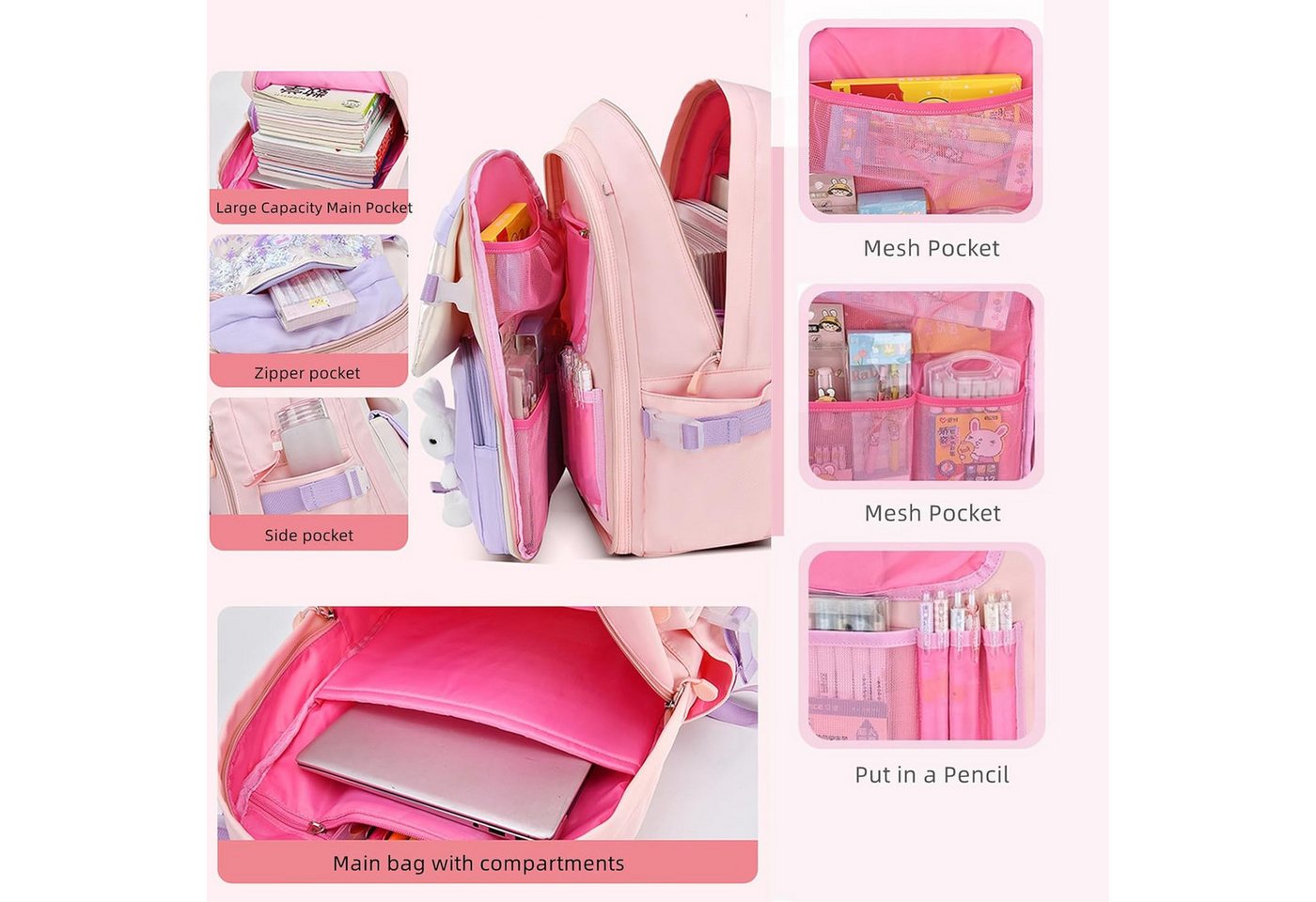 Toomoke Schulrucksack Mädchen Kinderrucksack mit 180° Frontöffnung (180° Frontöffnung, wasserabweisend, reflektierende Details, Brustgurt), 32 × 17 × 45 cm, für Grundschule & Freizeit Bild 5