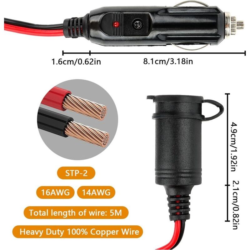5 M Langes Zigarettenanzünder-verlängerungskabel, 12 V/24 V Zigarettenanzünderstecker Mit 15 A/16 Awg Dc-sicherung, Zigarettenanzünder-verlängerung Für Motorrad & Boot, Auto, Lkw