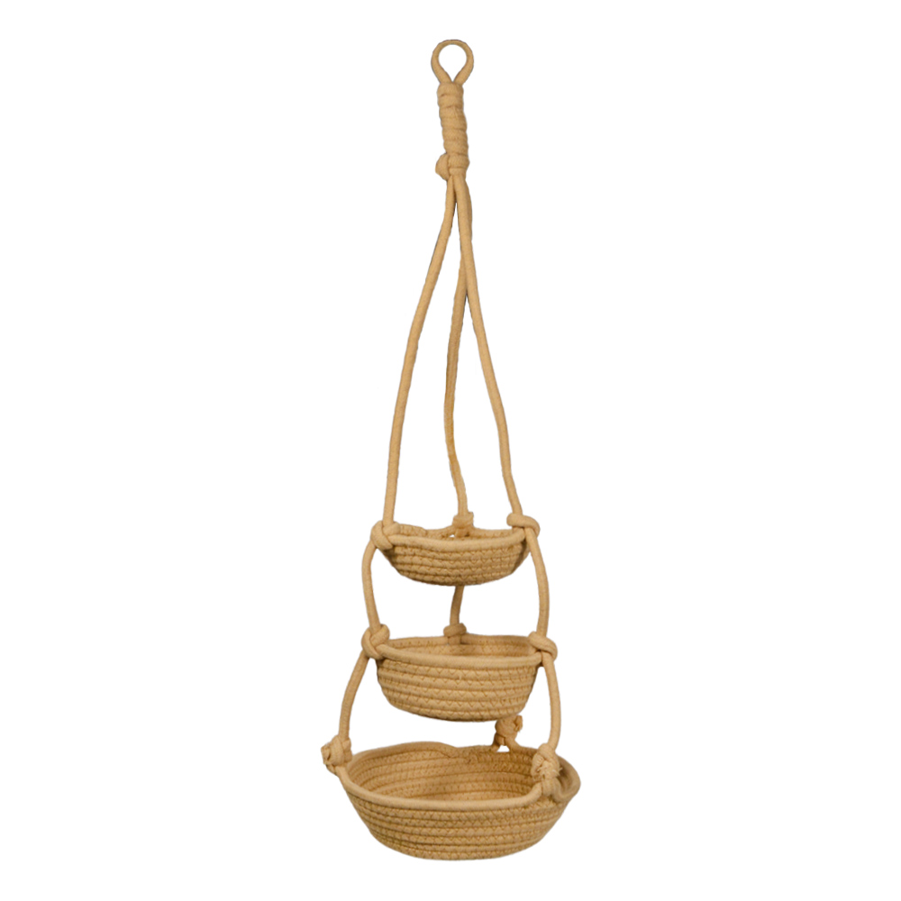 Beigefarbener, Dreifacher Hängepflanzkasten Aus Seil, 70 Cm Hoch