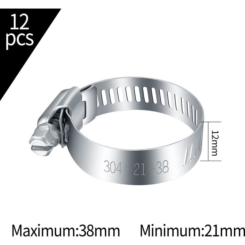 Edelstahl-schlauchschellen – 12 Stück, Verstellbare Schlauchschellen 21–38 Mm, Edelstahl 304 – Für Wasser/gas/automobil