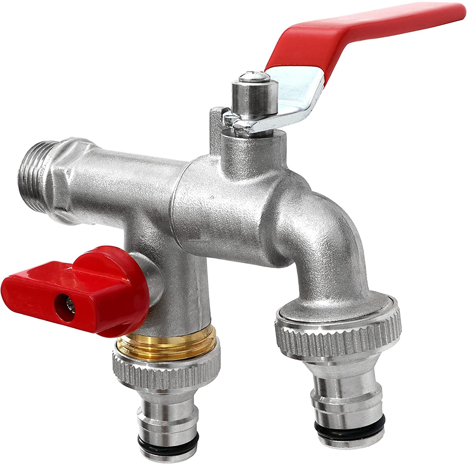 1/2" (15/21") Hochwertiger Doppelwasserhahn Aus Messing, Rost- Und Frostbeständig + 2 Schlauchanschlüsse + E-book Für Garten, Waschmaschine Und Regentonne