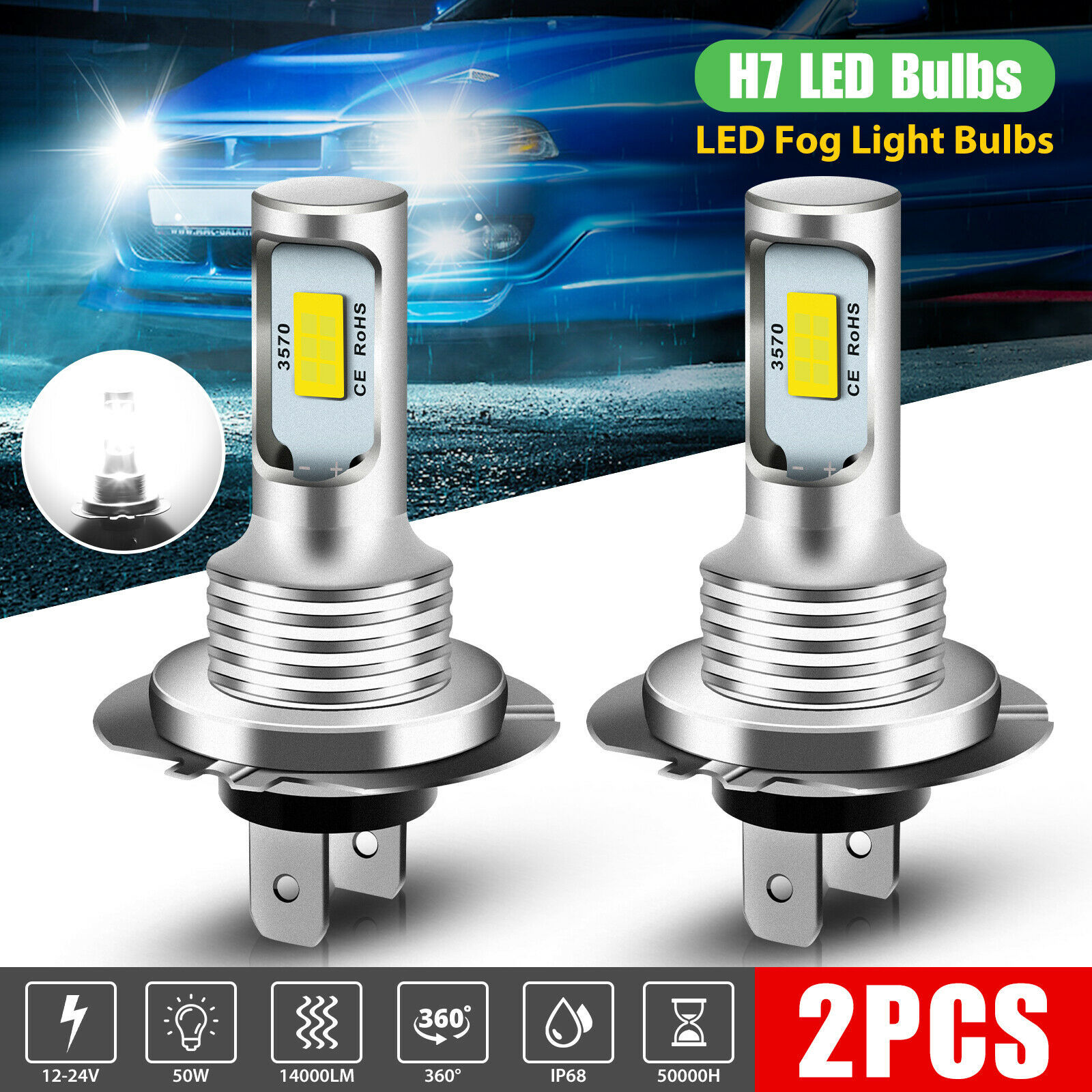 2x H7 Led 6000k Superweiß 110w 4000lm Nebelscheinwerfer-set Abblendlicht-glühbirnen-set