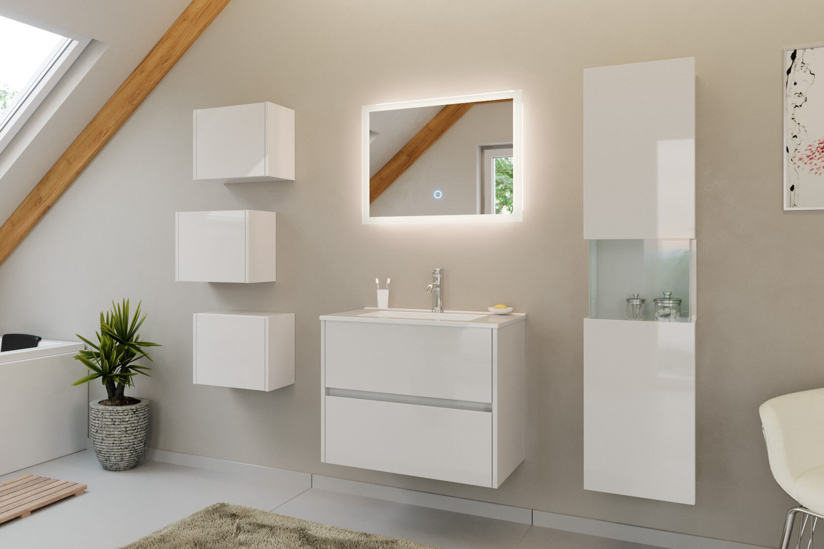 Badmöbel Set Taifun 4tlg. 70cm Mit Led Spiegel 3er Boxen Und Hochschrank Weiß Hgl