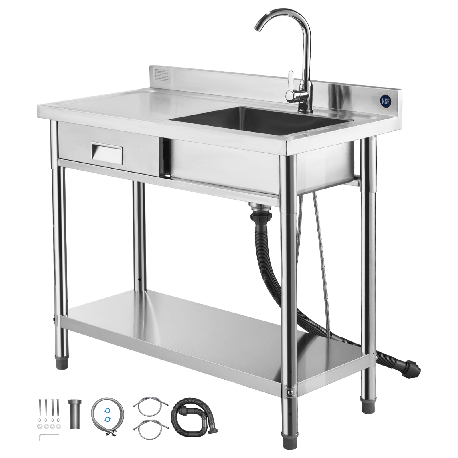 Mophorn Spültisch Aus Edelstahl (100 X 50 X 94 Cm), Einzelbecken Mit Wasserhahn Und Schublade, Küchenspüle Für Garage, Restaurant Oder Wäscherei, Außenspüle Mit Arbeitsfläche Auf Der Linken Seite