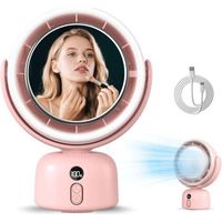 Tragbarer Schminkspiegel-ventilator Mit Licht, Usb-anschluss, 6000 Mah, Leise, Kompakt, Mit Automatisch Drehbarem Spiegel, 5 Geschwindigkeitsstufen Und 3 Lichtstufen, Ideal Für Camping, Reisen Und Sch