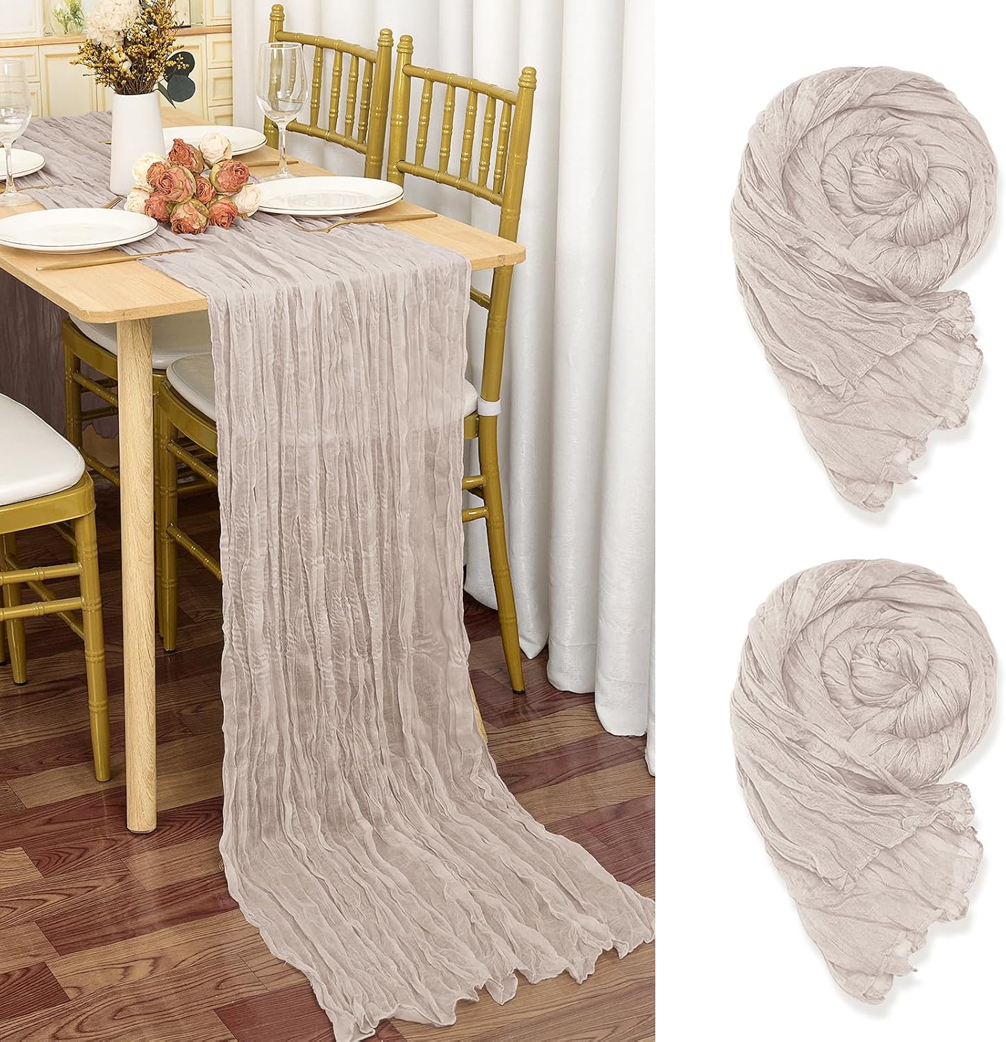 Set Mit 2 Tischläufern In Braun-grau Etamin, 90 X 300 Cm Aus Rustikalem Gaze-stoff, Tischdekoration Für Hochzeiten, Feiern Und Brautpartys