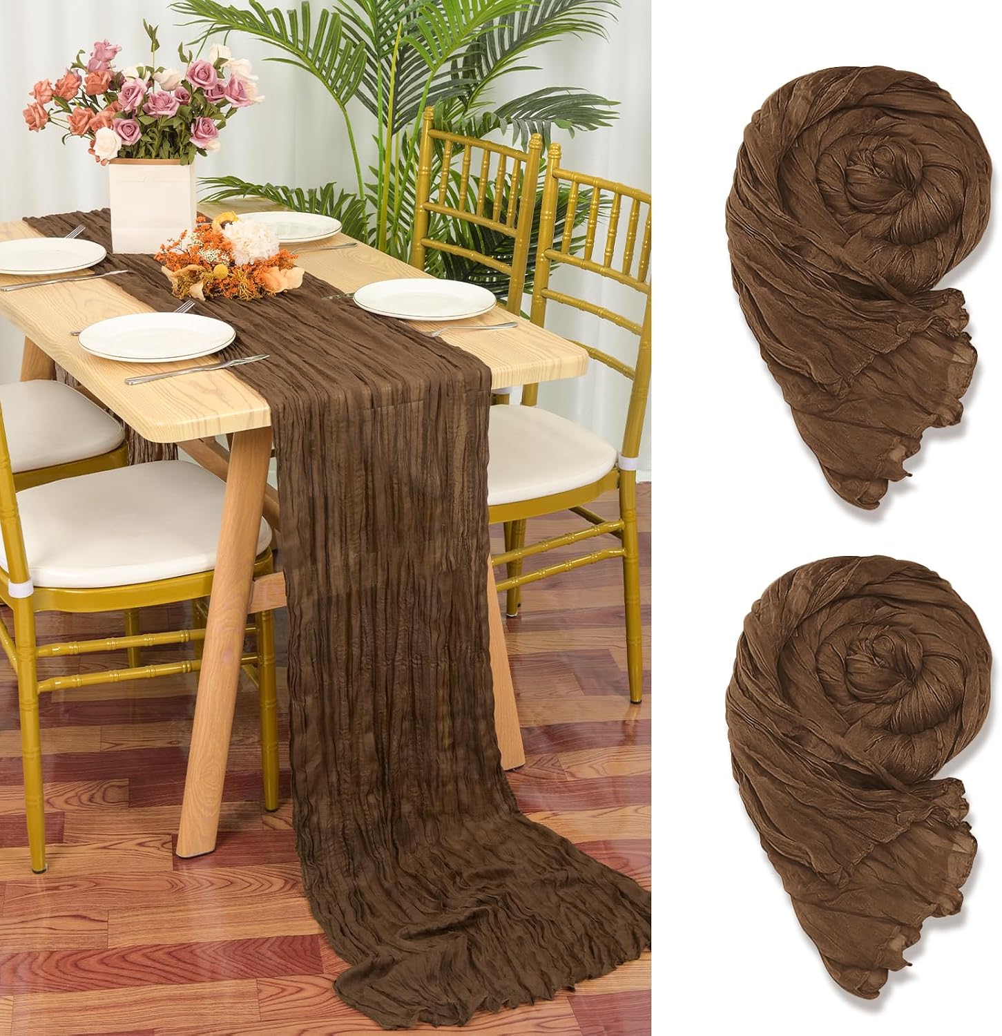 Set Mit 2 Braunen Musselin-tischläufern, 90 X 300 Cm, Rustikaler Gaze-stoff, Braune Tischdekoration Für Hochzeiten, Tischdecke Für Brautpartys, Tischdekorationen