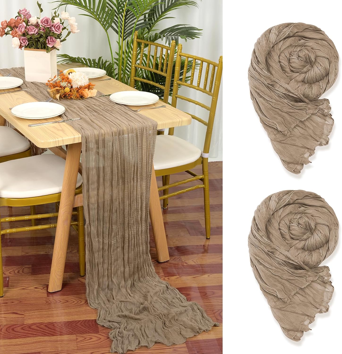 Set Mit 2 Hellbraunen Musselin-tischläufern, 90 X 300 Cm, Rustikaler Gaze-stoff, Braune Tischdekoration Für Hochzeiten, Tischdecke Für Brautpartys, Tischdekorationen