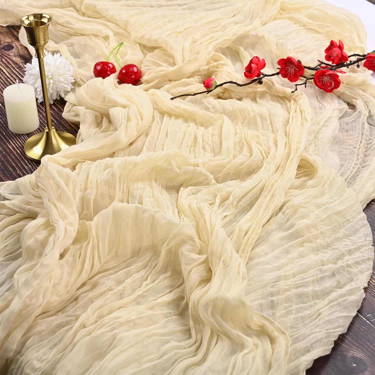 Set Mit 2 Elfenbeinfarbenen Etamin-tischläufern, 90 X 300 Cm Aus Hellbeigem, Rustikalem Gaze-stoff, Tischdekoration Für Hochzeiten, Feiern Und Brautpartys