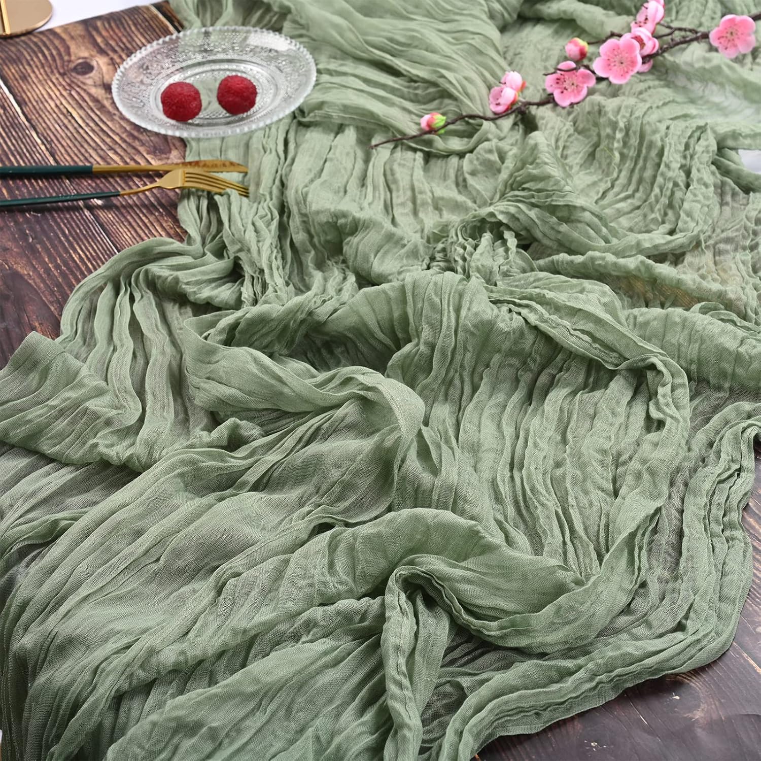 Set Mit 2 Salbeigrünen Tischläufern Aus Eterna-stoff, 90 X 300 Cm, Rustikaler Gaze-stoff, Tischdekoration Für Hochzeiten, Tischdecken Für Hochzeitsfeiern, Brautpartys, Tischdekorationen