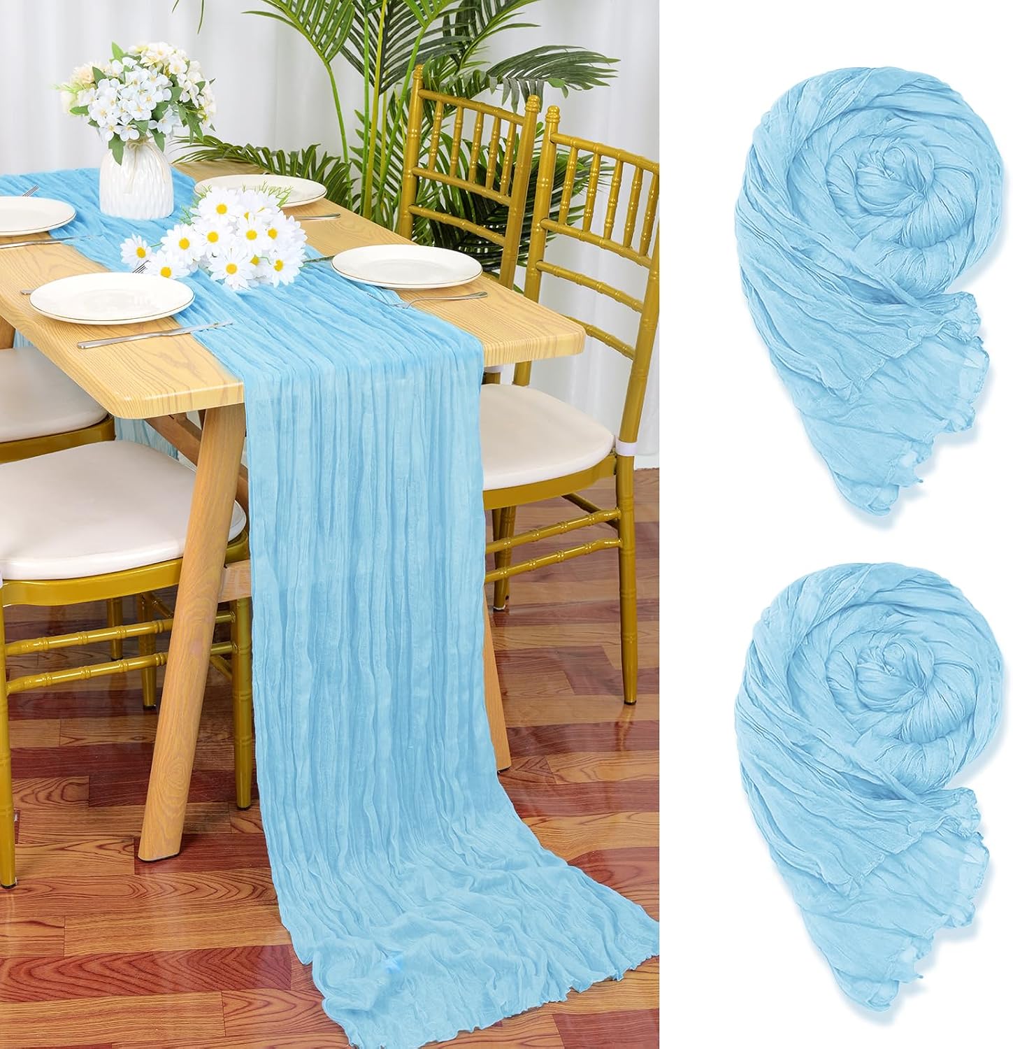Set Mit 2 Hellblauen Musselin-tischläufern, 90 X 300 Cm, Rustikaler Gaze-stoff, Hellblaue Tischdekoration Für Hochzeiten, Tischdecke Für Brautpartys, Tischdekorationen