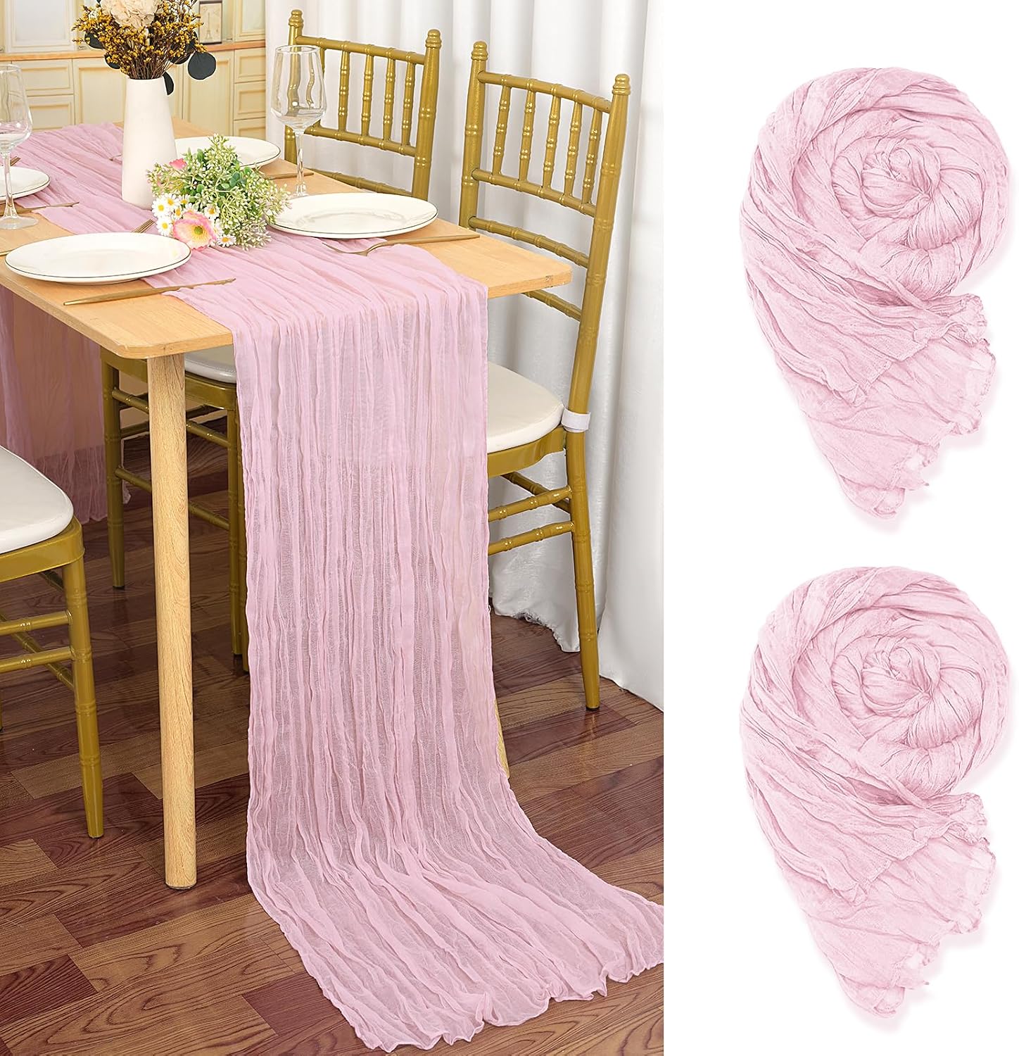 Set Mit 2 Tischläufern Aus Babyrosa Musselin, 90 X 300 Cm, Rustikaler Gaze-stoff, Hellrosa, Tischdekoration Für Hochzeiten, Tischdecke Für Brautpartys, Tischdekorationen