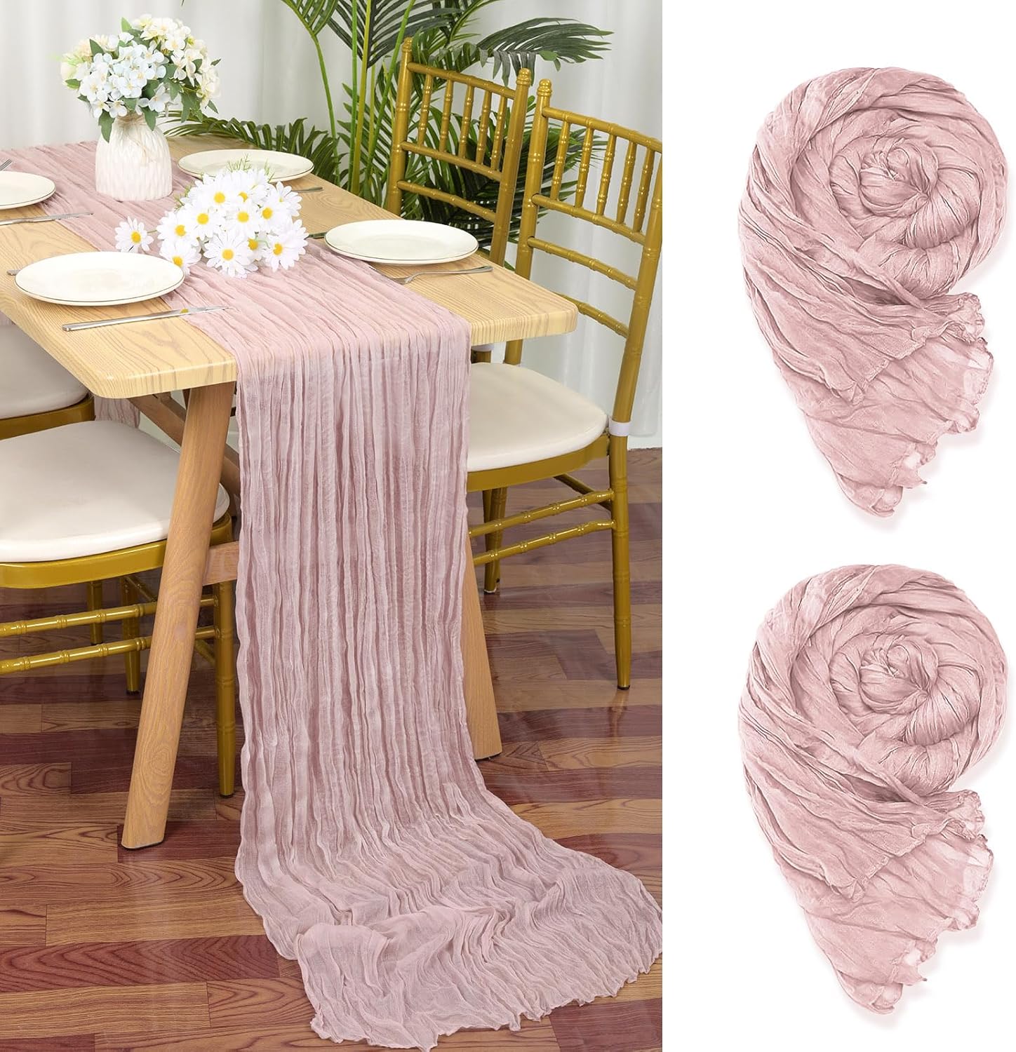 Set Mit 2 Rosafarbenen Chiffon-tischläufern, 90 X 300 Cm, Rustikaler Gaze-stoff, Rosa Tischdekoration Für Hochzeiten, Tischdecke Für Brautpartys, Tischdekorationen