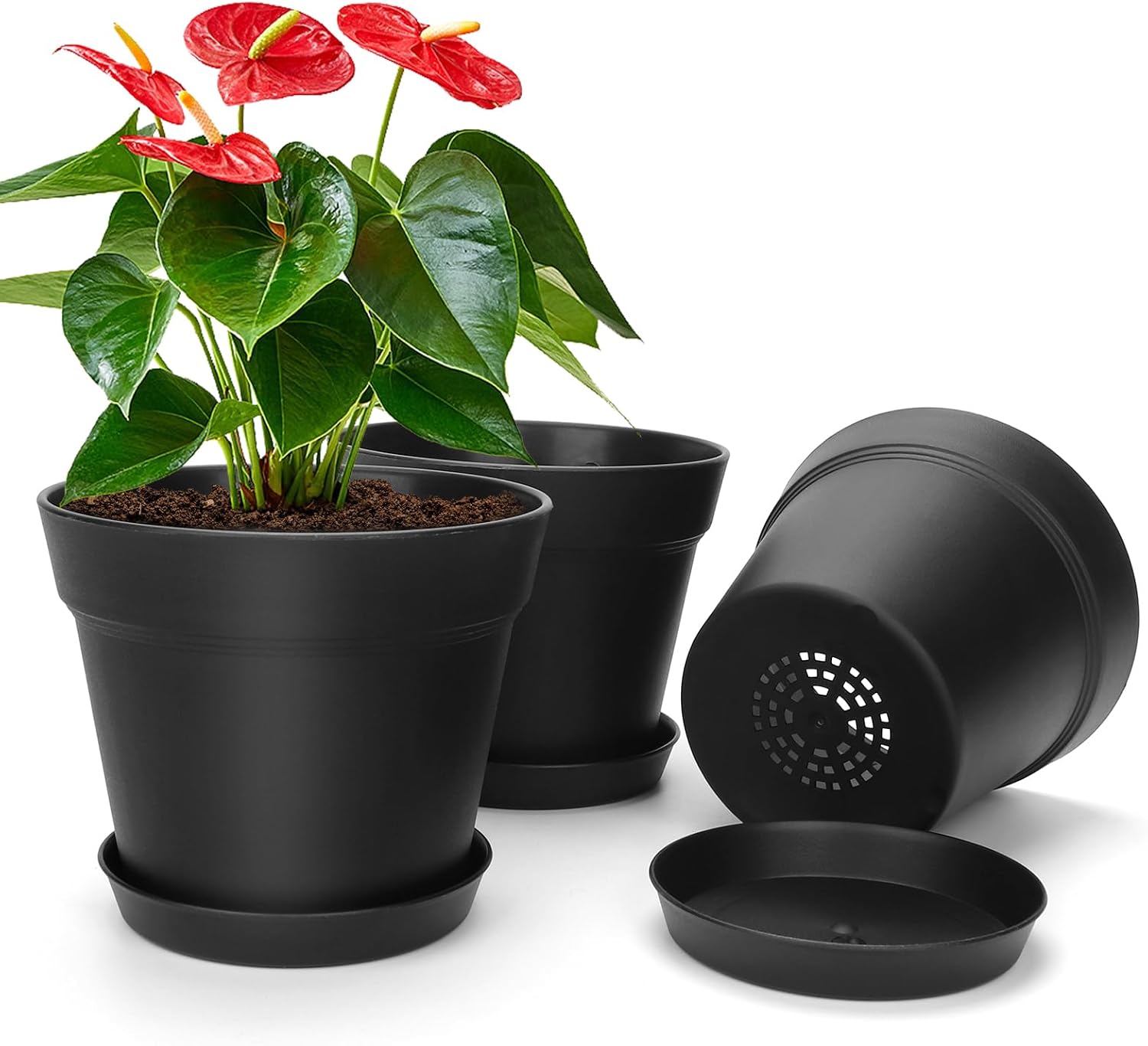 Set Mit 3 Schwarzen Blumentöpfen Mit Untersetzern, 15 Cm, Für Zimmer- Und Gartenpflanzen, Für Blumen, Kräuter, Bonsai, Orchideen