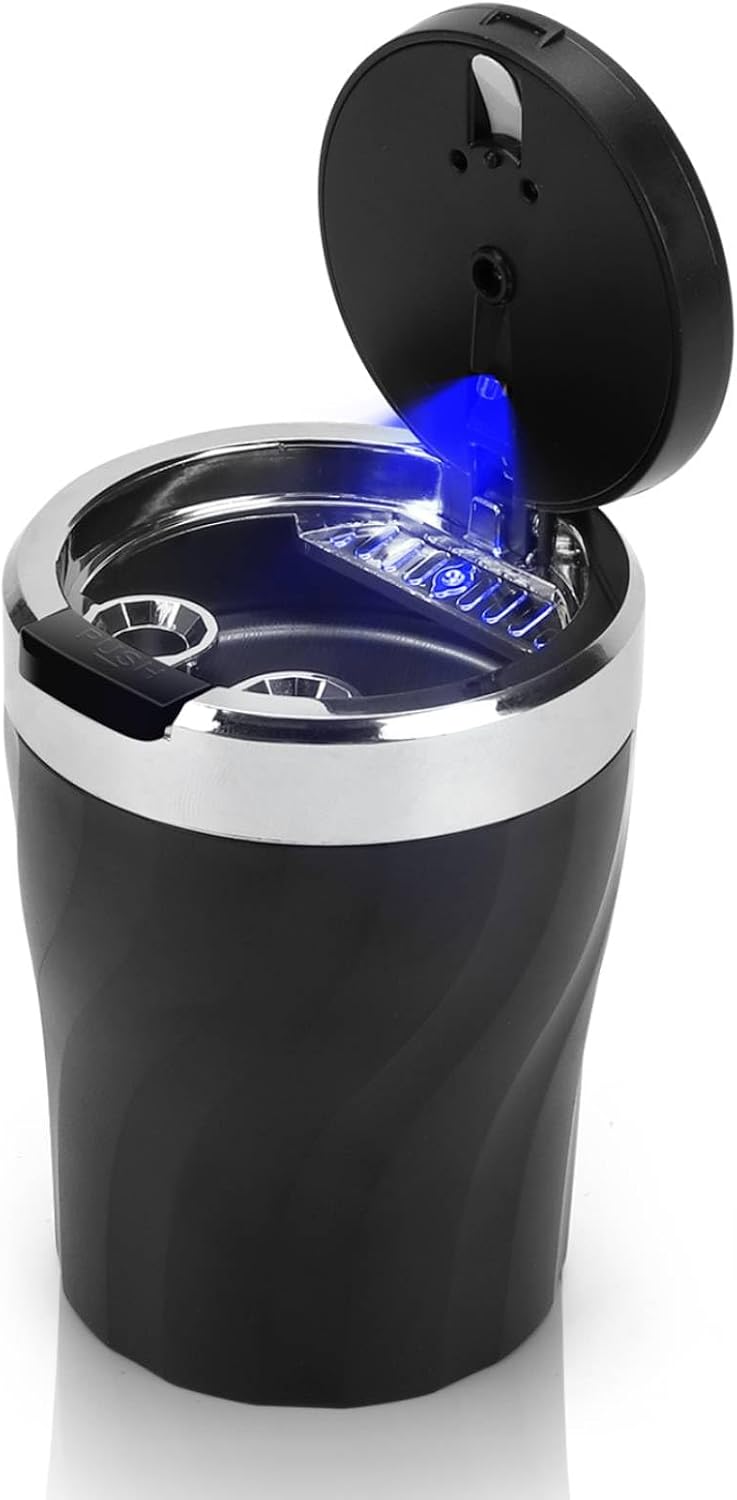 Tragbarer Autoaschenbecher Aus Edelstahl, Rauchfreier Aschenbecher Mit Deckel Und Led-beleuchtung Für Autos, Transporter, Outdoor-aktivitäten, Camping, Schwarz