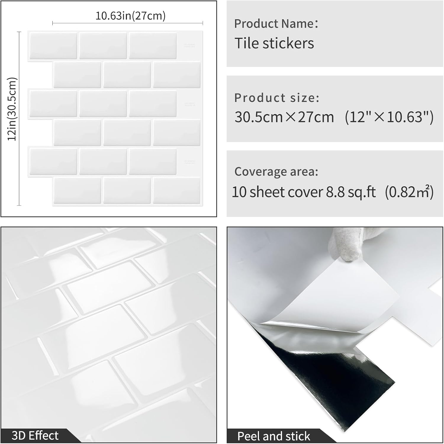Selbstklebende Küchenrückwandaufkleber, Metro-fliesenaufkleber, Selbstklebende Wandfliesen Für Badezimmer, Weiß (10 Stück, 30,5 X 30,5 Cm)