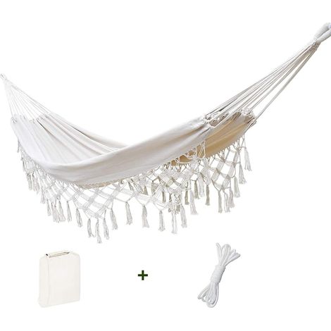 Doppelhängematte Für Drinnen Und Draußen – Für Den Innen- Und Außenbereich Geeignet – Aus Weicher Baumwolle – Für Zwei Personen – Für Terrasse, Garten, Veranda, Rasen Und Hof – Weiß – Maximale Belastu