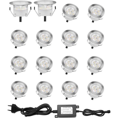 Set Mit 16 Led-einbaustrahlern Für Holzterrassen, Ip67 Wasserdicht, 0,6 W, 12 V Dc, Weißes Licht, Mini-lampenset Für Treppenstufen Und Decken [energieklasse