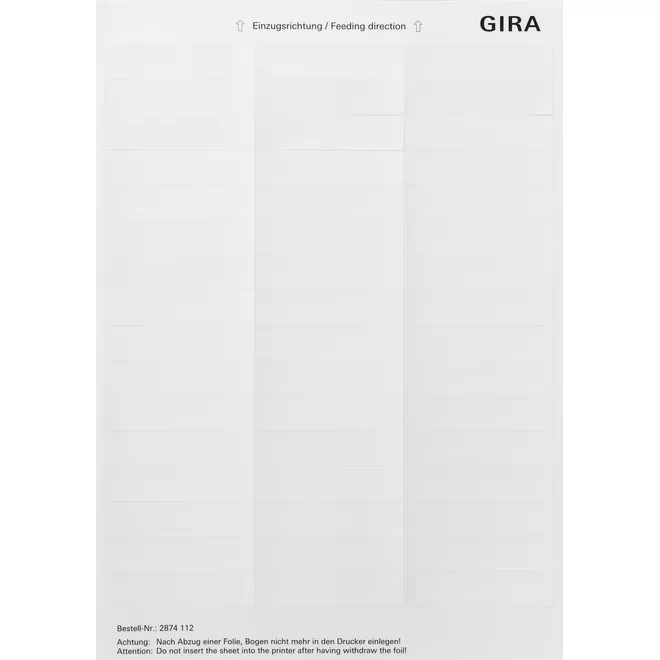 Gira Beschriftungsbögen 15,8 X 67 Mm Zubehör Reinweiß [2874112], 2874 112