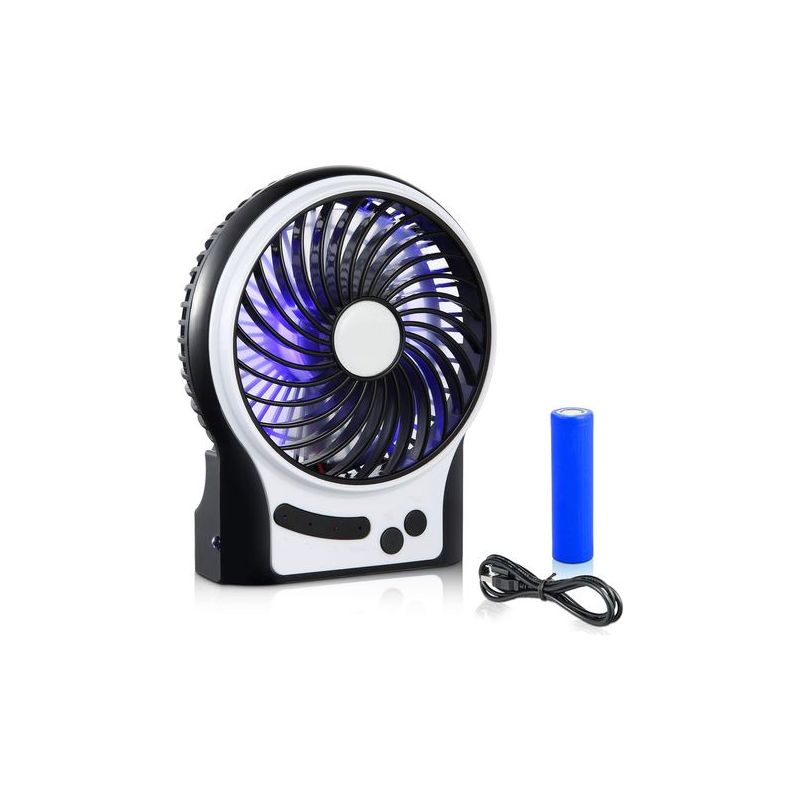 Tischventilator – 3 Geschwindigkeitsstufen – 2200 Mah Akku – Blaue Und Seitliche Led-beleuchtung – Usb-anschluss – 12,7 Cm – Schwarz