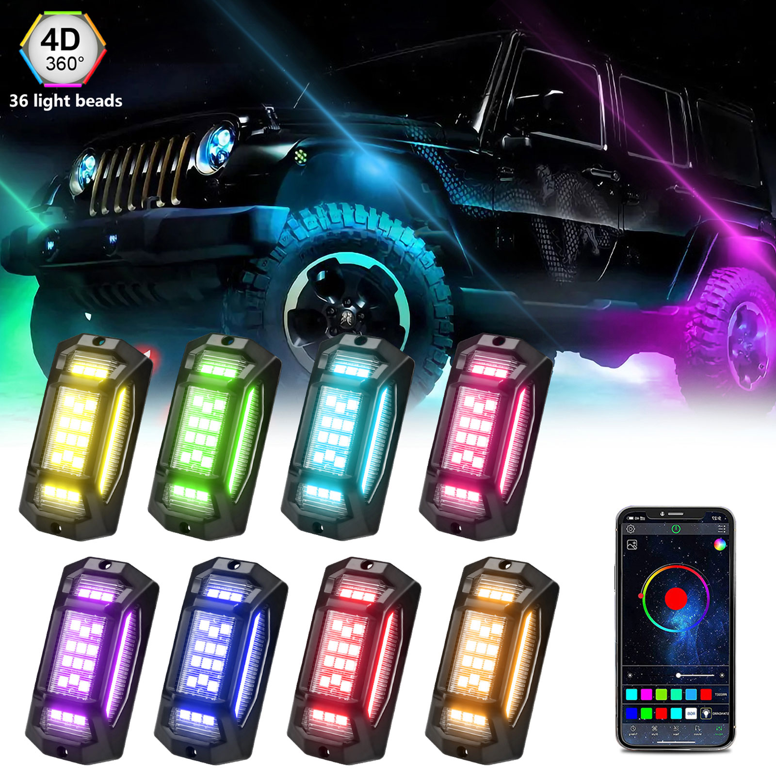Mehrfarbige Led-scheinwerfer Für Felsen (8er-pack), 150° Weitwinkel, Ip68 Wasserdicht, Mit App- Und Bluetooth-synchronisierung, Musikfunktion, Für Suv, Quad Und Ssv.