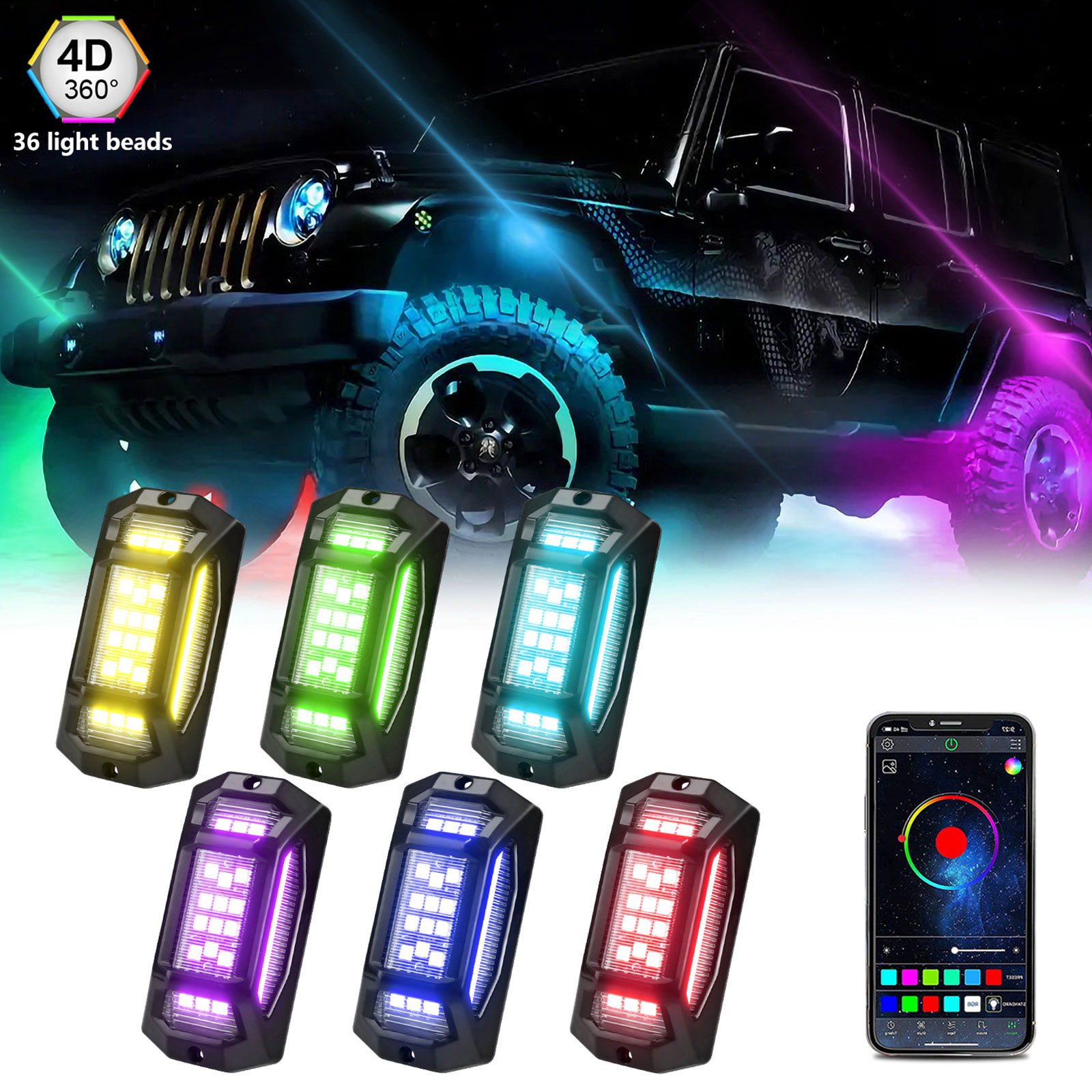 Mehrfarbige Led-scheinwerfer Für Felsen (6er-set), 150° Weitwinkel, Ip68 Wasserdicht, Mit App- Und Bluetooth-synchronisierung, Musikfunktion, Für Suv, Quad Und Ssv.