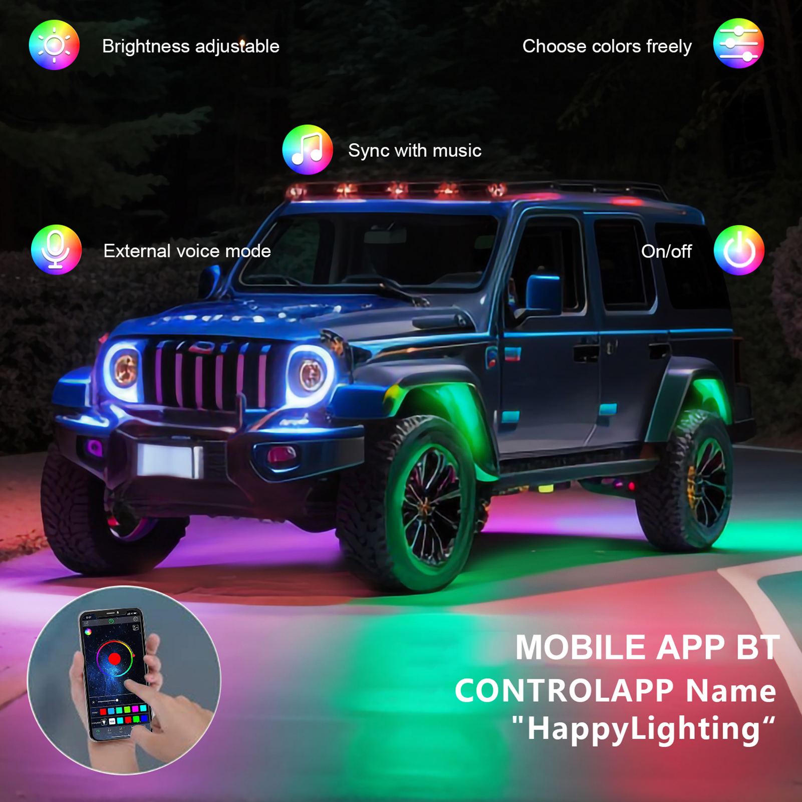 Mehrfarbige Led-scheinwerfer (8er-set) Mit Einstellbarer Helligkeit, Wasserdicht, Bluetooth-synchronisierung Über App Und Musikfunktion, Für Suvs, Quads Und Ssvs.