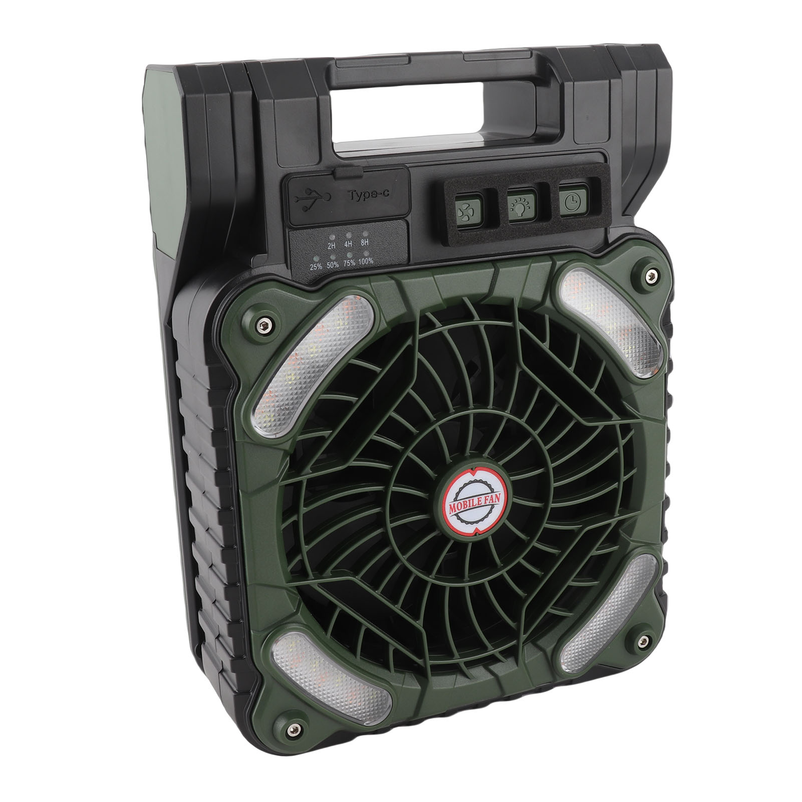 5200 Mah Solarventilator, Usb-c-ladeanschluss, 4 Einstellbare Geschwindigkeitsstufen, Bürstenloser Motor Mit 4,5 M/s, Geräuscharm, Led-timer, Ideal Für Camping, Angeln Und Outdoor-aktivitäten, Olivgrü
