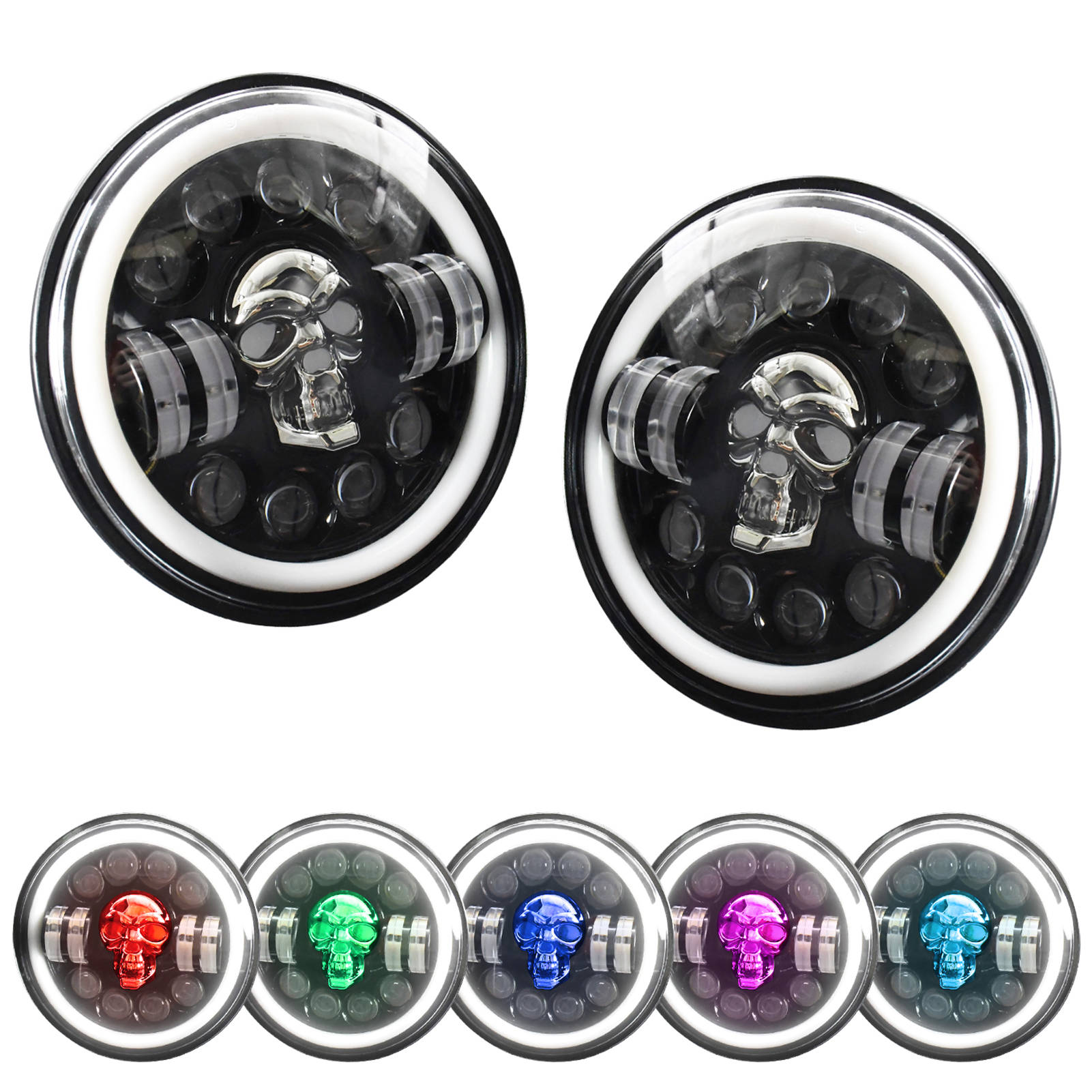 Runder 7-zoll-led-scheinwerfer Mit Totenkopfmuster, Fern-/abblendlicht, Blinkern, Tagfahrlicht Und Mehrfarbiger Led-augenbeleuchtung.