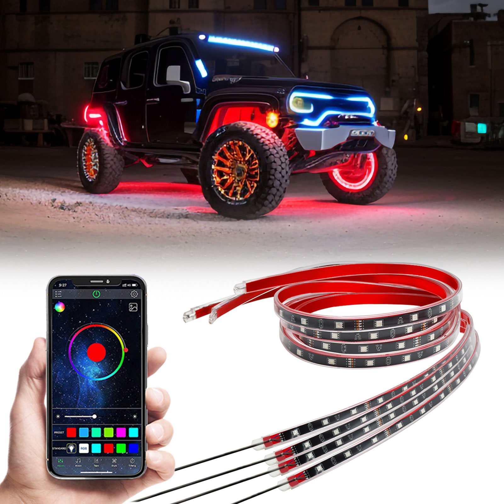 Set Mit 4 Farbigen Led-leuchten Für Autos, Lkws, Suvs, Atvs, Utvs Und Boote. Steuerung Per App. Wasserdicht (ip68), Helligkeit Einstellbar, Bluetooth 5.0, Musiksynchronisation. Maße: 90 X 120 Cm.