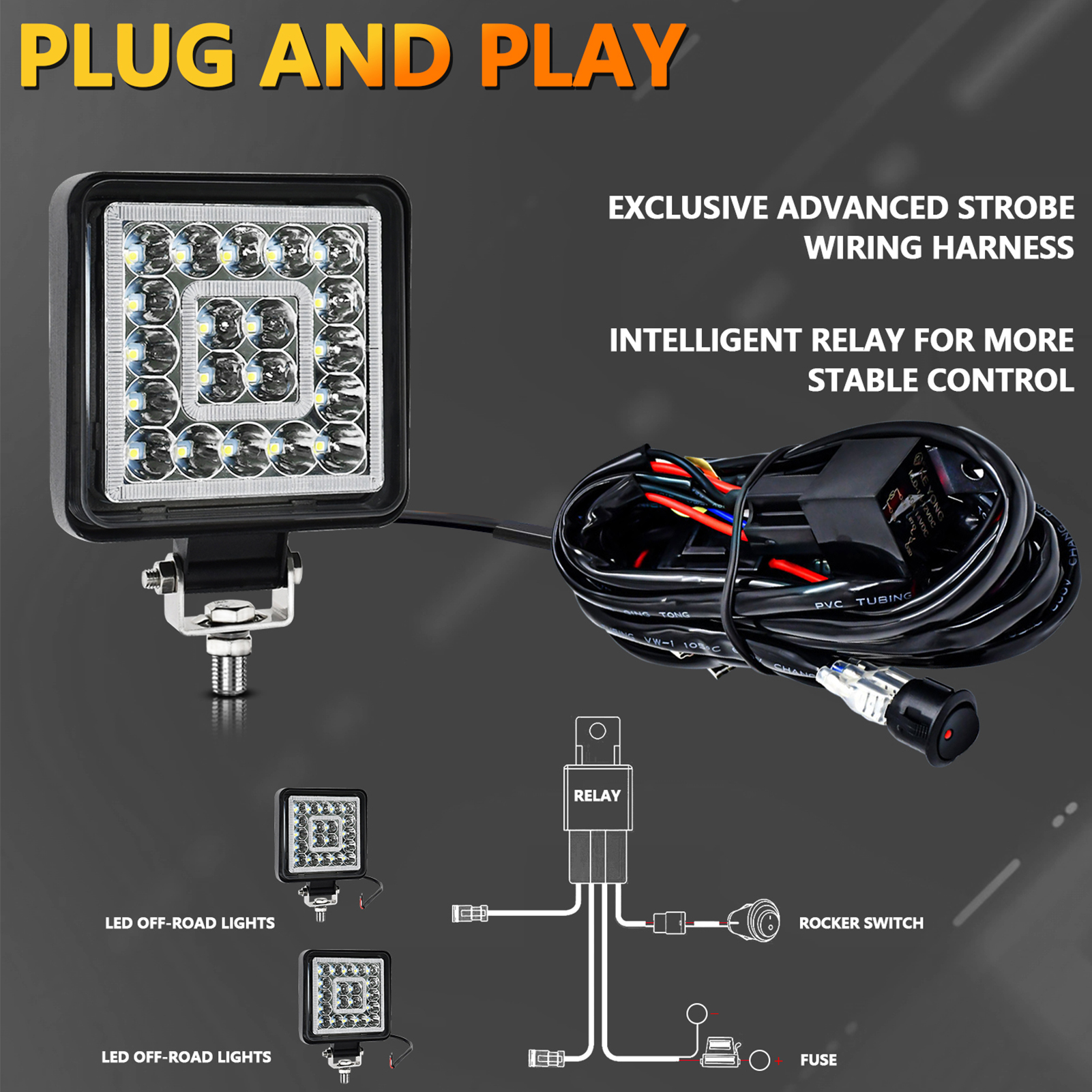 Led-lichtleiste, 2 X 4-zoll-led-arbeitsscheinwerfer (160 W), Wasserdichte, Quadratische Offroad-fahrscheinwerfer Mit 16-awg-kabelbaum Für Lkw, Quad, Ssv, Suv Und Boot