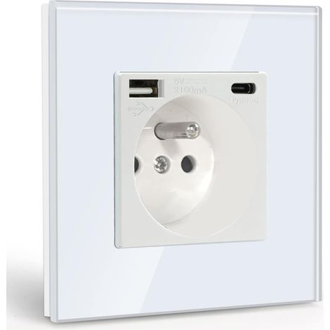 Wandsteckdose Mit Usb- Und 1 Typ-c-anschluss, 16-a-wechselstromsteckdose Mit Glasabdeckung, Wandsteckdosenleiste Max. 2,1 A, Geeignet Für Smartphones Und Tablets (weiß)