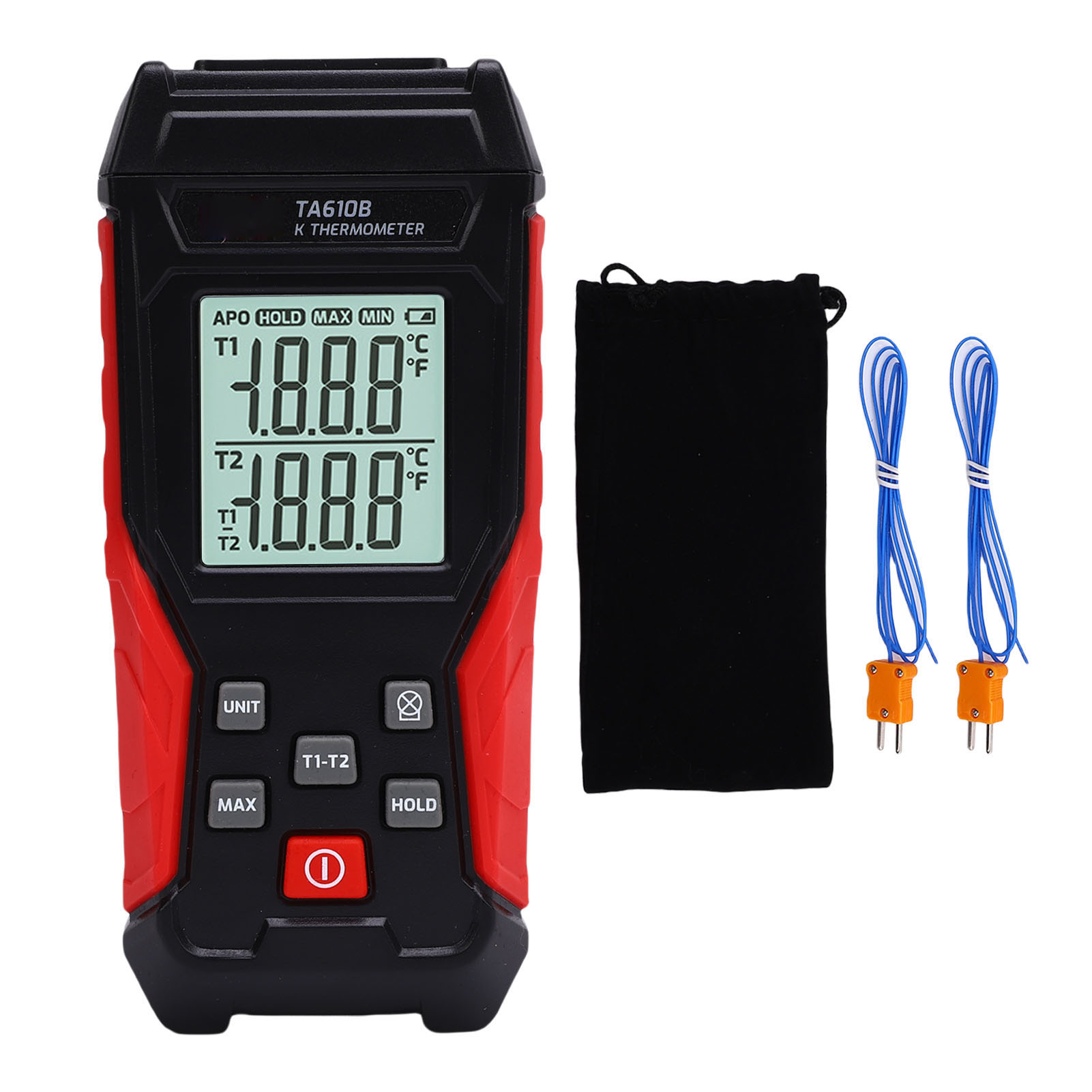Digitales Thermometer Typ K Mit Sonden. 2-kanal-thermometer Mit Thermoelement. Hintergrundbeleuchtetes Lcd-display. Präzisionselektronik Für Industrielle Anwendungen.