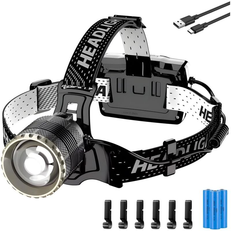 Lampe Frontale Led Rechargeable Usb-c 90000 Lumens, 9000mah, Étanche Ip65, Capteur, Zoom Réglable 90°, 4 Modes Pour Camping Et Randonnée