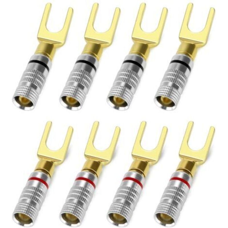 Lot De 8 Connecteurs Banane Et Fourche 45° Pour Câbles Enceintes, Fiches Audio Hi-fi Plaqué Or