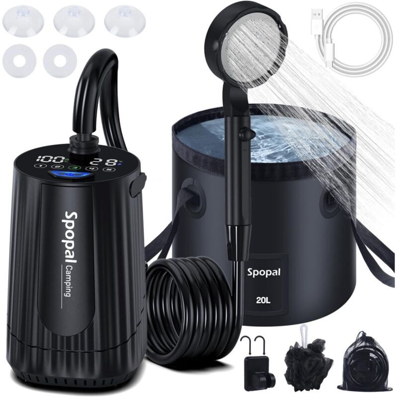 Douche Portable Rechargeable 10000mah Étanche Avec Seau Pliable 20l Écran Intelligent 4 Modes Pour Camping Et Extérieur