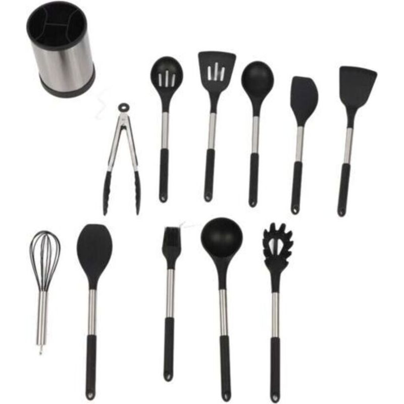 Lot De 12 Ustensiles De Cuisine En Silicone Noir, Résistants À La Chaleur, Antiadhésifs, Spatule Et Cuillère, Lavables Au Lave-vaisselle