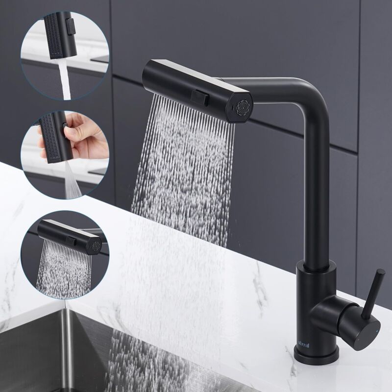 Robinet Cuisine Cascade Noir Extractible, Mitigeur Évier Inox 360° Avec Douchette 3 Jets Réglables, Design Moderne