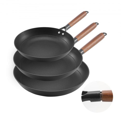 Gusseisenpfanne Bratpfannen-set (205 / 265 / 310 Mm), Hochleistungs-bratpfannen Mit Abnehmbarem Holzgriff, Kochpfanne, Küchenkochgeschirr, Geeignet Für Gas Elektro Schwarz