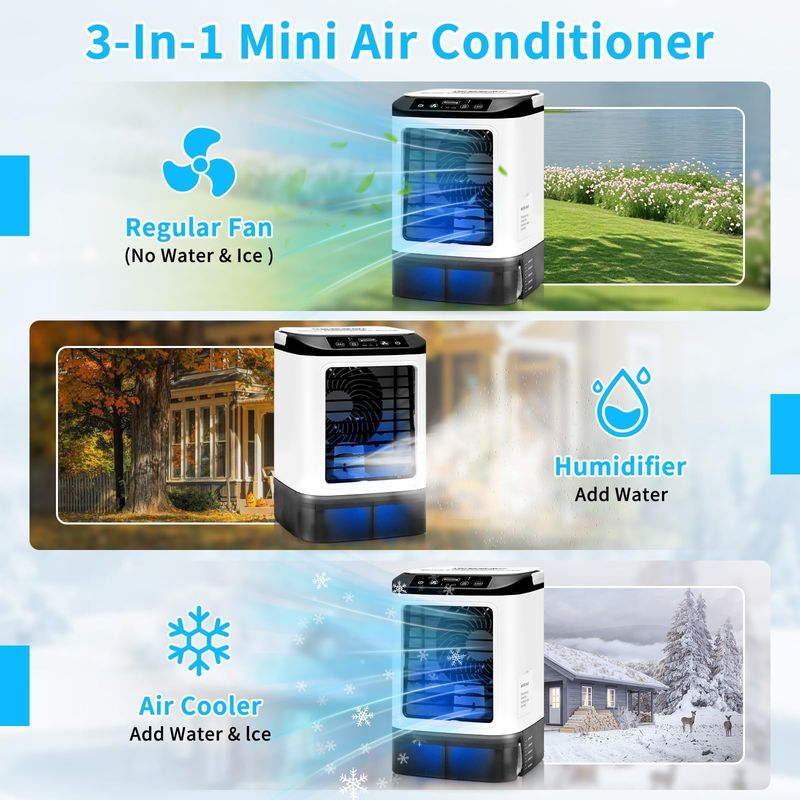 Tragbare Klimaanlage 2026 – Mini-luftkühler Und Luftbefeuchter Mit 4 Geschwindigkeitsstufen, Eiswürfelbehälter, 900-ml-tank, 2 Nebelmodi, Led – Mobiler Ventilator Für Büro Und Camping (weiß)