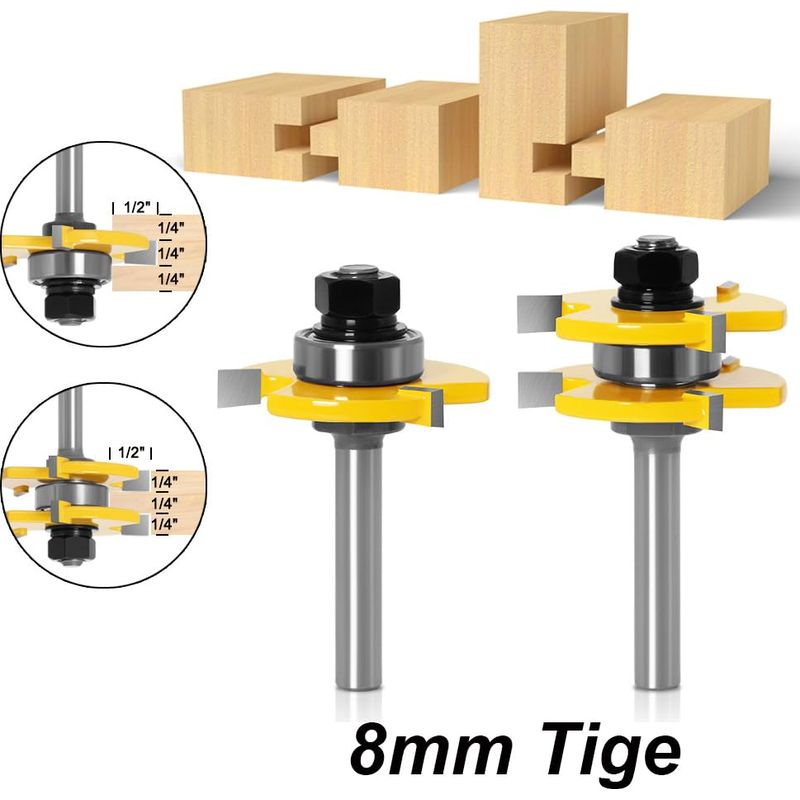 Mesee 8-mm-schaft-nutfräser-set, 2 Nutfräser, Holzbearbeitungswerkzeuge, 3-schneidiger T-nutfräser Für Holzbearbeitung Und Schneiden