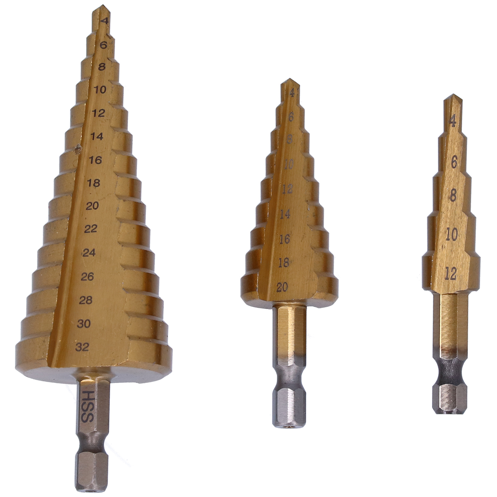 Satz Von 3 Stufenbohrern Aus Schnellarbeitsstahl 412/420/432 Mm, Sechskantschaft, Mit Gerader Nut, Pagodenform.