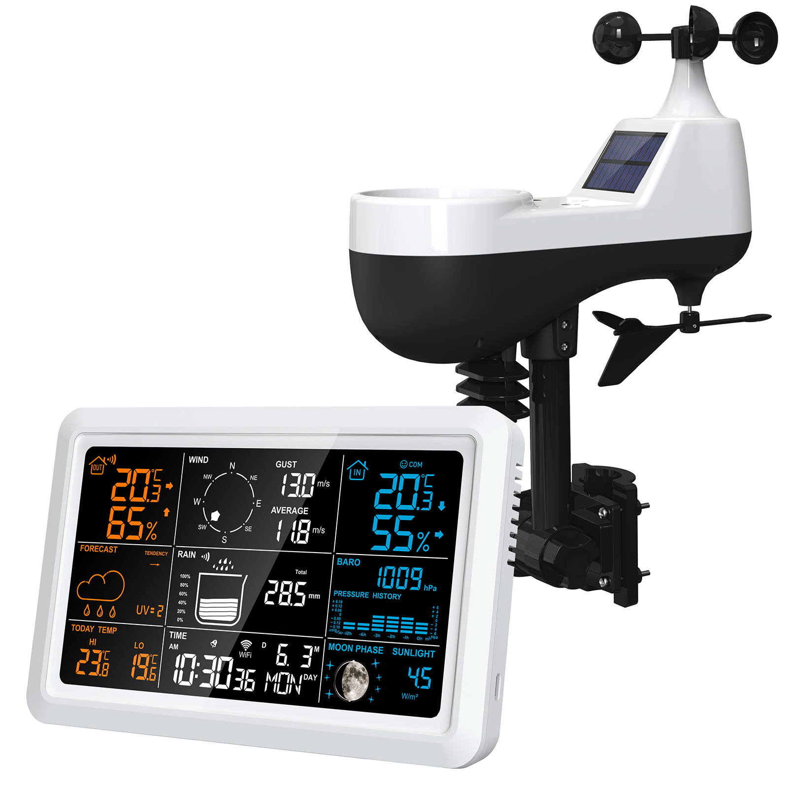 5-in-1 Drahtlose Wetterstation Für Drinnen Und Draußen Mit Regenmesser Und Anemometer: Digitale Wettervorhersage, Luftfeuchtigkeit, Mondphasen, Sonnenscheindauer, Temperatur, Thermometer Mit Solarsens