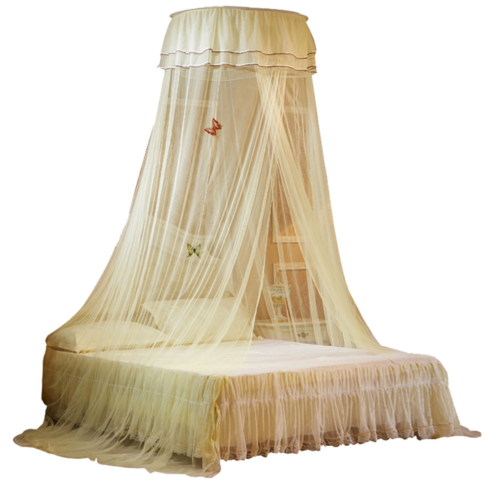 Universeller Kuppelbetthimmel Mit Einem Eingang, Feinmaschiger Spitzenvorhang Im Prinzessinnenstil, Einfach Zu Montierende Schlafzimmerdekoration, Beige