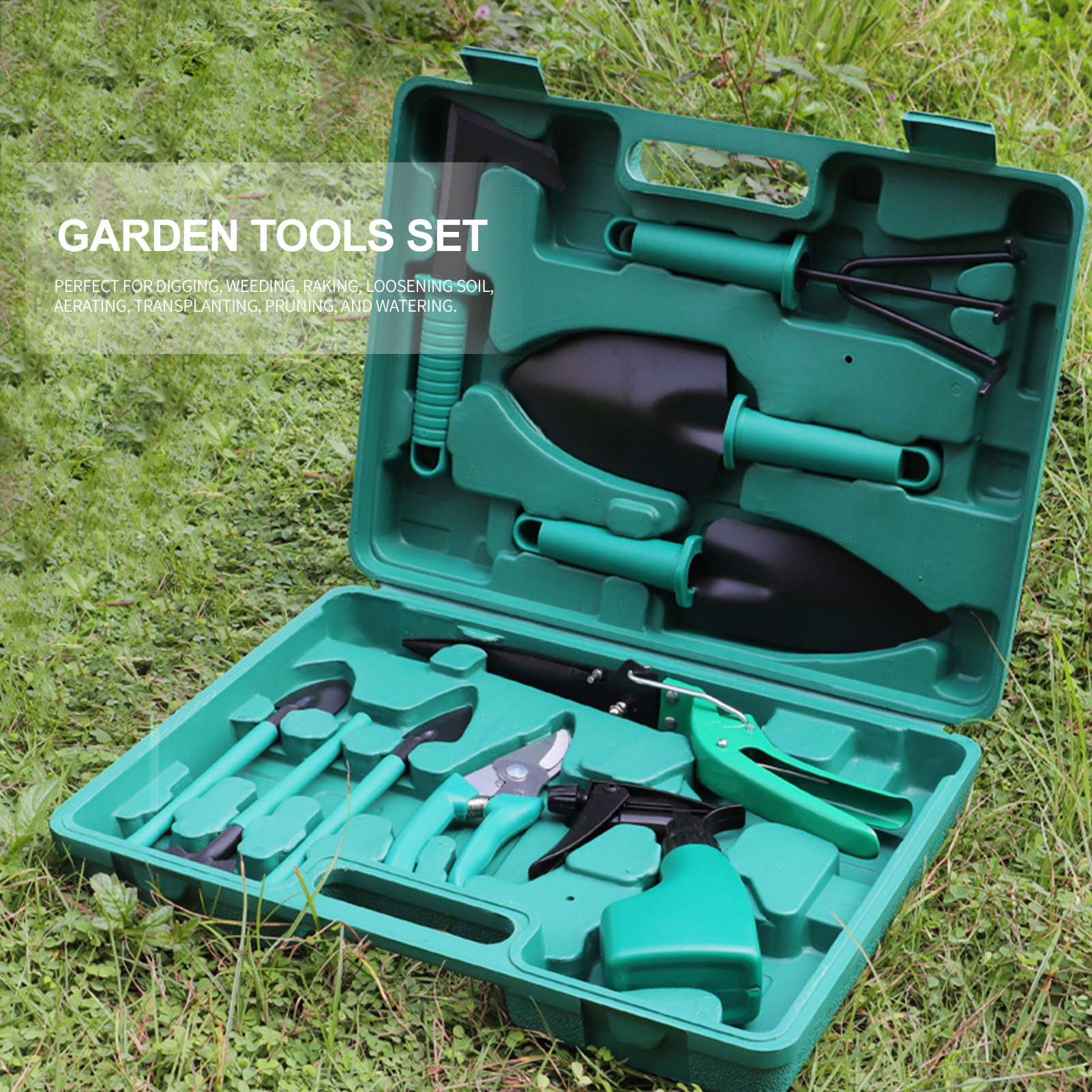 Set Mit 10 Gartengeräten Und Aufbewahrungskoffer: Schaufeln, Pflanzkelle, Umpflanzkelle, Handrechen, Gartenspritze, Unkrautstecher, Gartenschere.
