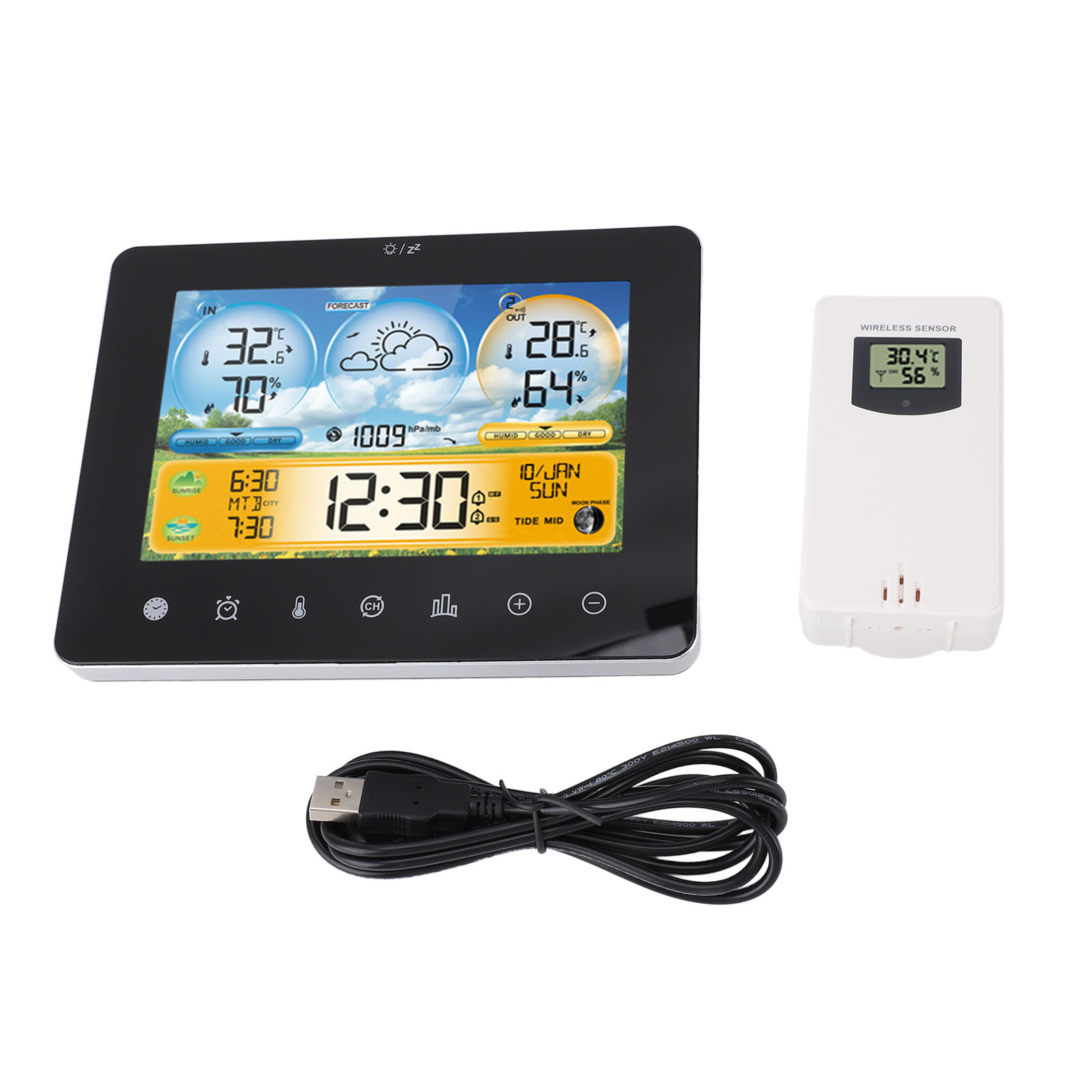 Drahtlose Wetterstation Mit Farbdisplay, Temperatur-, Luftfeuchtigkeits- Und Mondphasenanzeige, Für Den Innen- Und Außenbereich.